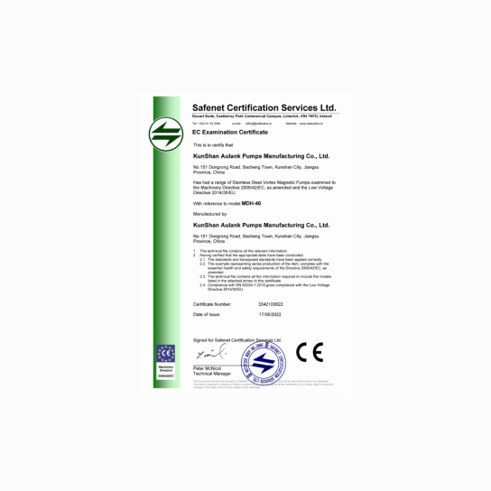 CE certification issued by Safenet Certification Services Ltd. for Aulank MDH series stainless steel vortex magnetic drive pumps
