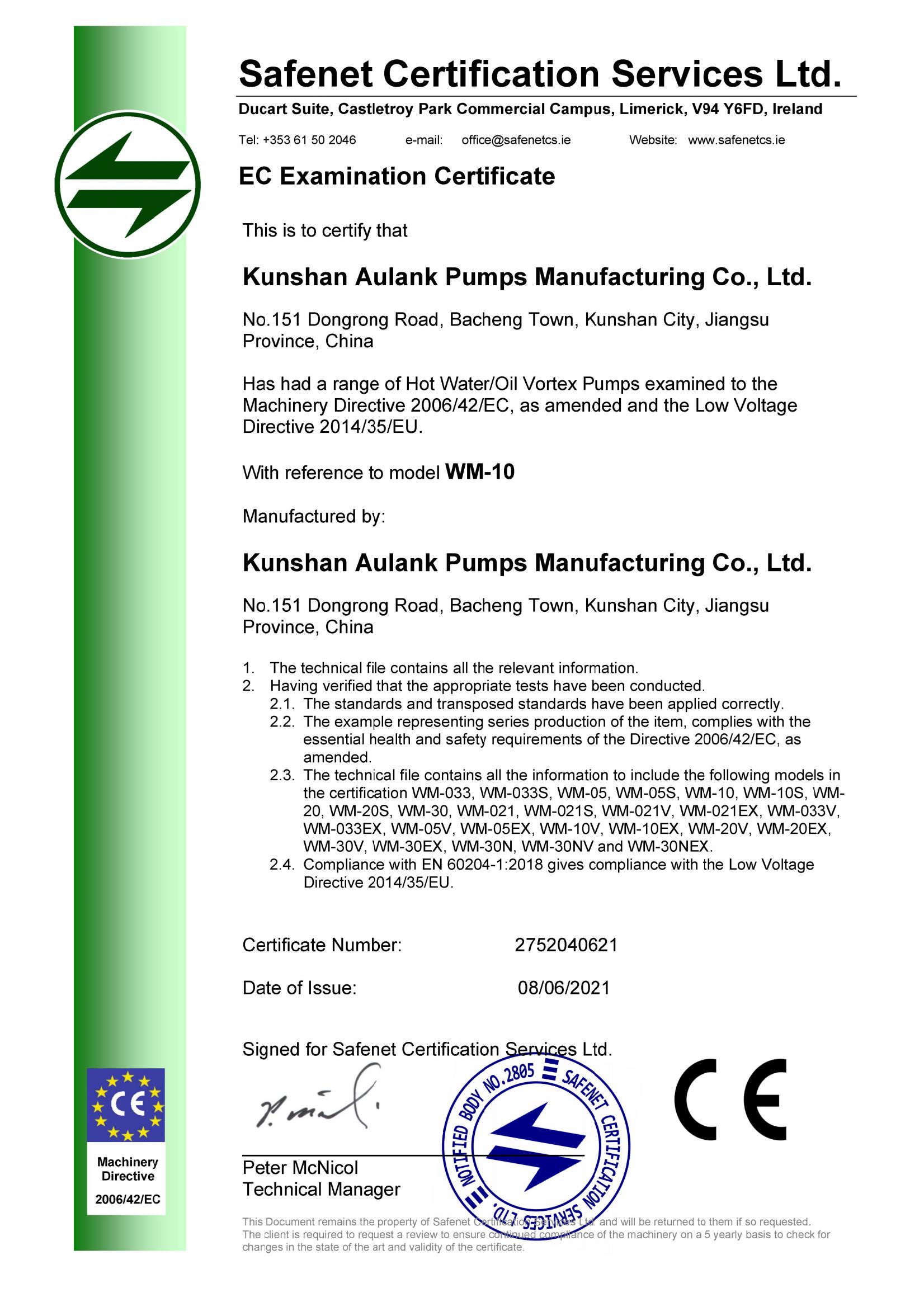Kunshan Aulank WM-10 Hot Water/Oil Vortex Pumps CE Certification (Machinery Directive 2006/42/EC & Low Voltage Directive 2014/35/EU)