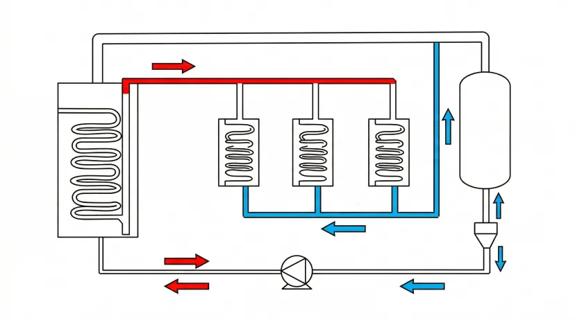 Thermal oil circulation system diagram showing heater, pump, expansion tank, and multiple heat exchange units with supply and return flow paths
